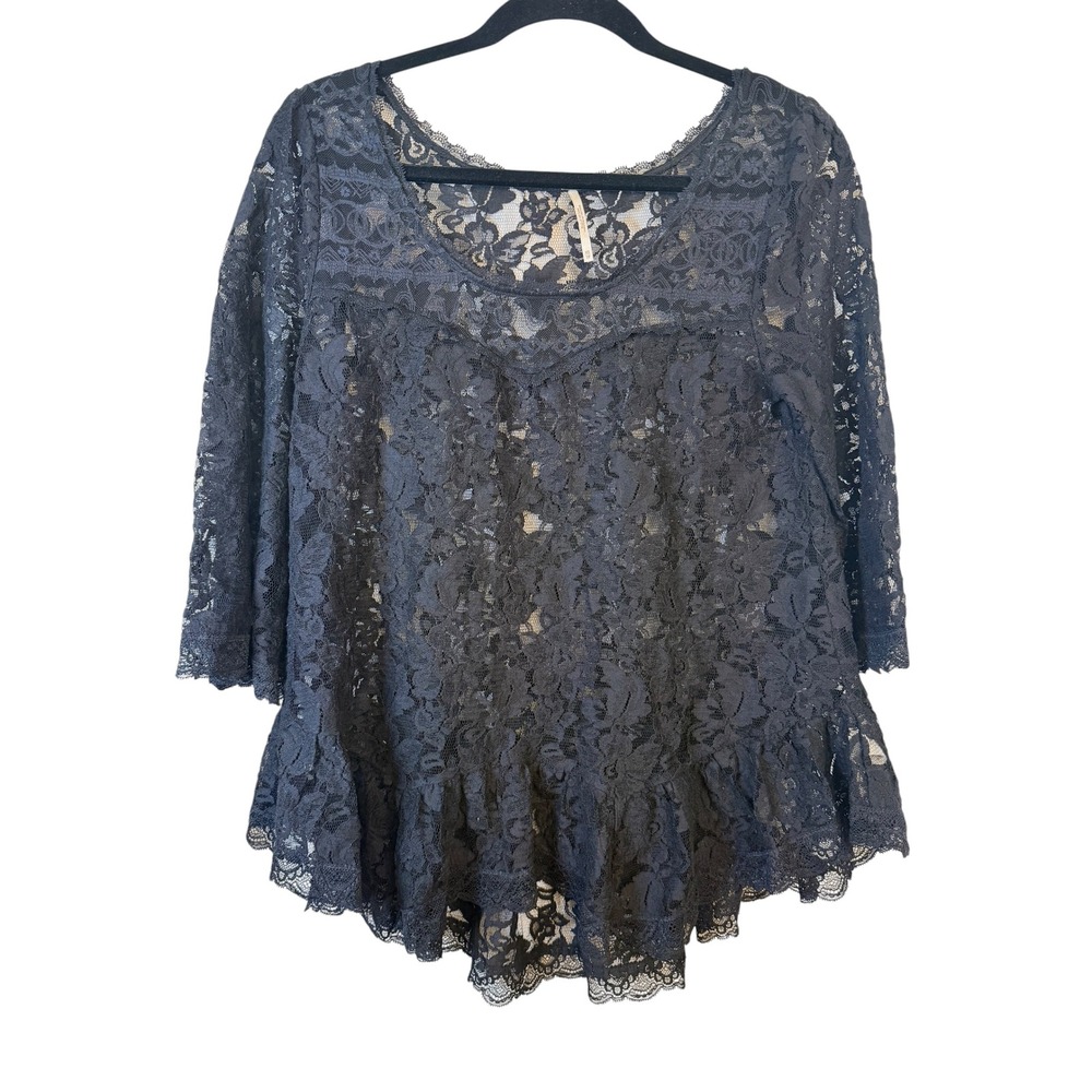 Free People Black Sheer Floral Lace Peplum Top Three-Quarter Sleeve XS